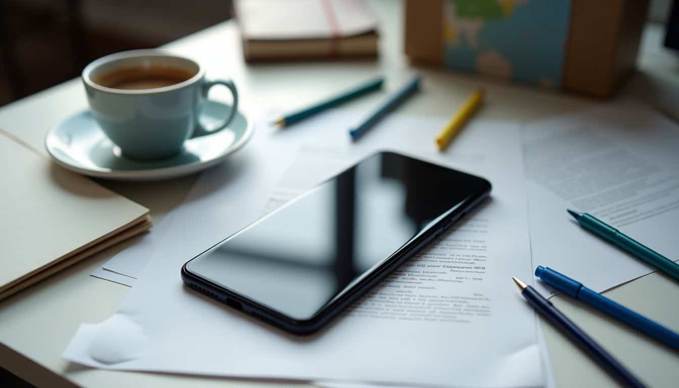 A modern smartphone with AI enhancements on a cluttered desk. A modern smartphone with AI enhancements on a cluttered desk.
