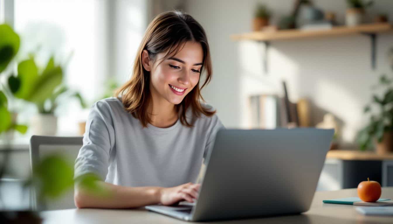 A young woman edits TikTok videos in a cozy home office. A young woman edits TikTok videos in a cozy home office.