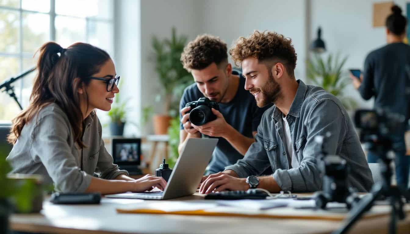 A group of young content creators collaborating in a modern studio. A group of young content creators collaborating in a modern studio.