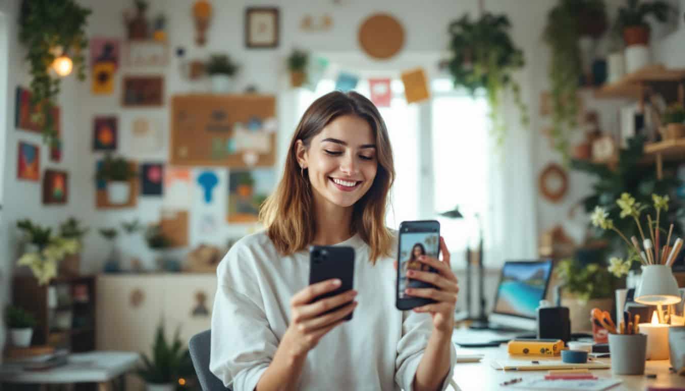 A young adult setting up their phone to create AI-generated TikTok videos. A young adult setting up their phone to create AI-generated TikTok videos.