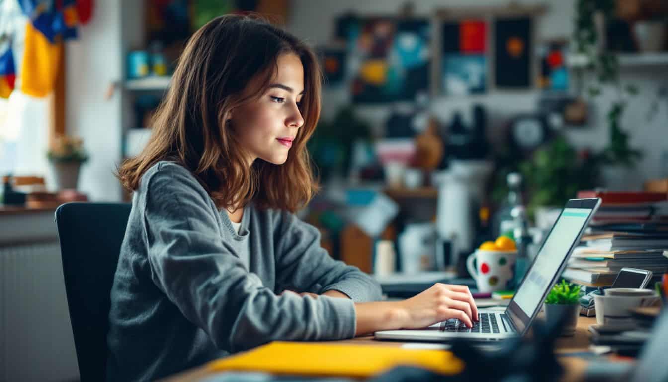 A teenage girl watches AI-generated TikTok video tutorials at her desk. A teenage girl watches AI-generated TikTok video tutorials at her desk.