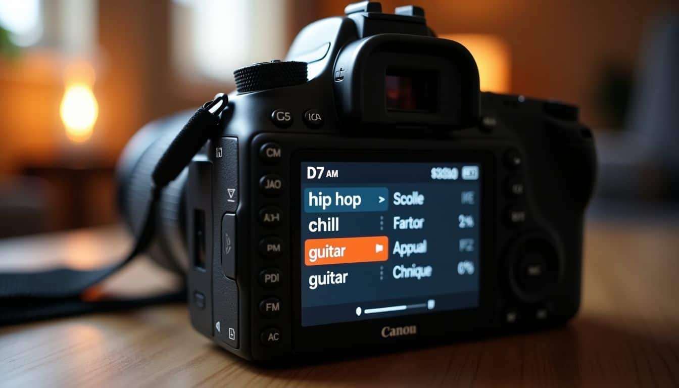Close-up of digital music player displaying genres and cozy home studio. Close-up of digital music player displaying genres and cozy home studio.