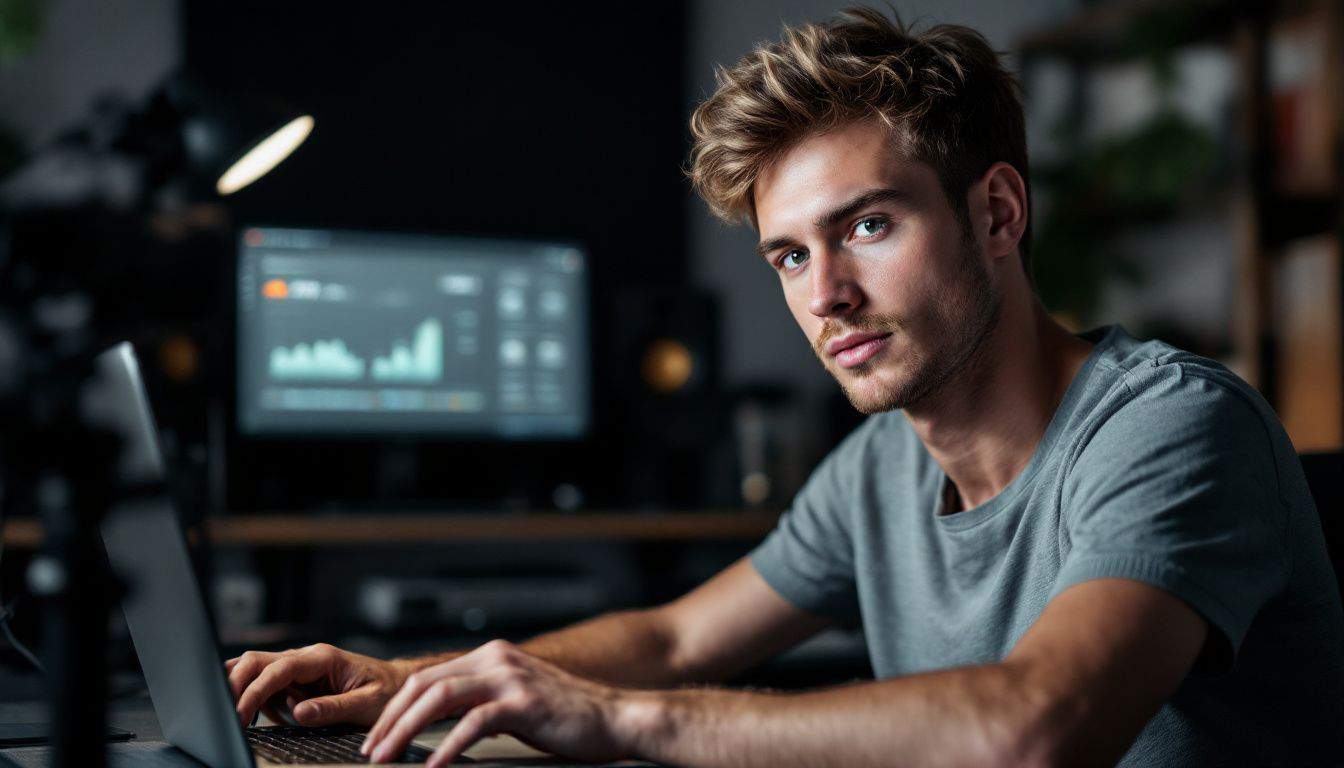 A young musician studies his SoundCloud analytics in a home studio. A young musician studies his SoundCloud analytics in a home studio.
