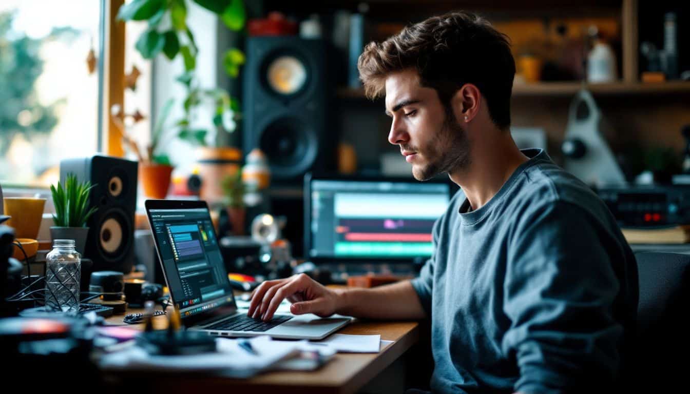 A young artist is editing track tags using Pro Tools software. A young artist is editing track tags using Pro Tools software.