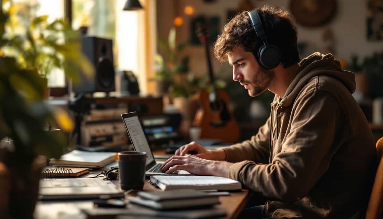 A musician in their mid-20s working on their SoundCloud profile in a cozy home studio. A musician in their mid-20s working on their SoundCloud profile in a cozy home studio.