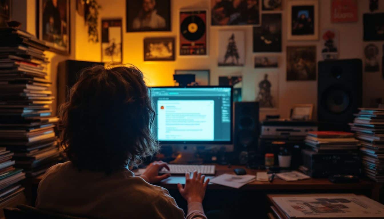 A musician reading and responding to positive fan feedback in home studio. A musician reading and responding to positive fan feedback in home studio.