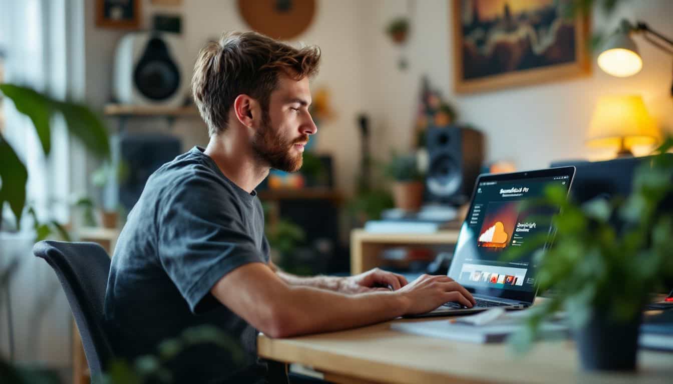 A musician in their 30s sits at a desk in a cozy home studio, working on their latest music for SoundCloud Pro Spotlight. A musician in their 30s sits at a desk in a cozy home studio, working on their latest music for SoundCloud Pro Spotlight.