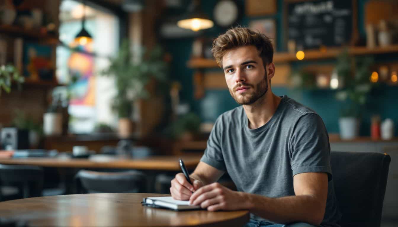 A young man writing an artist bio in a cozy coffee shop. A young man writing an artist bio in a cozy coffee shop.