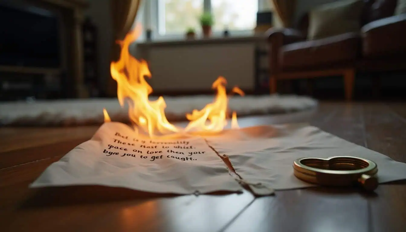 A torn love letter is being burned with a broken heart locket. A torn love letter is being burned with a broken heart locket.
