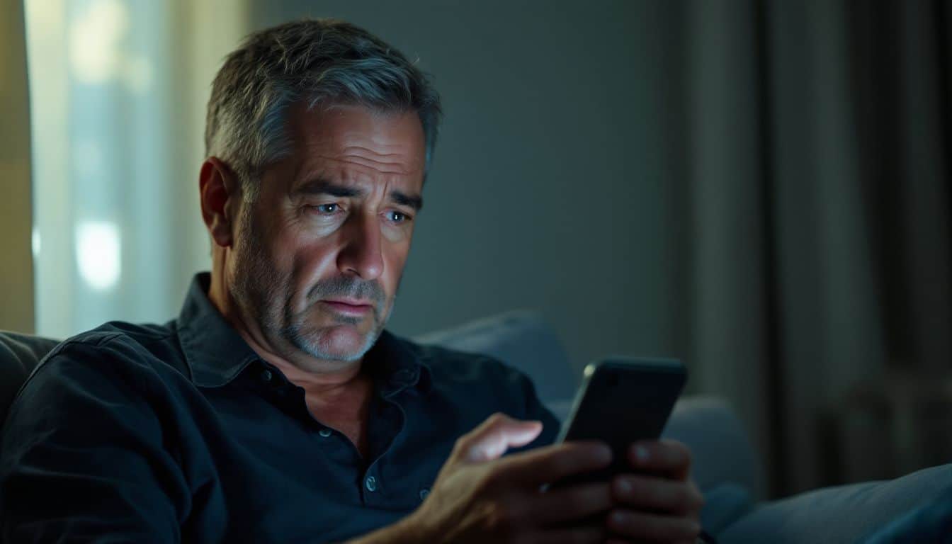 A middle-aged man sits alone, looking worried at his phone. A middle-aged man sits alone, looking worried at his phone.