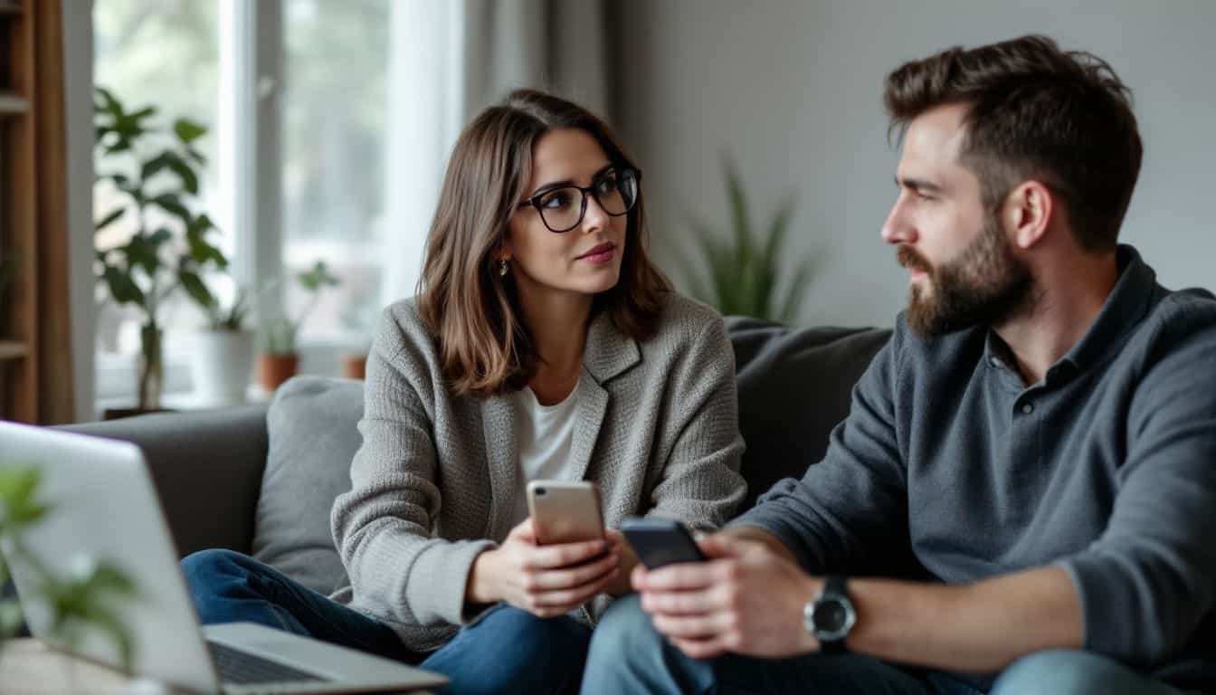 A woman and man in their 30s have a serious conversation about trust and boundaries in a modern living room setting. A woman and man in their 30s have a serious conversation about trust and boundaries in a modern living room setting.