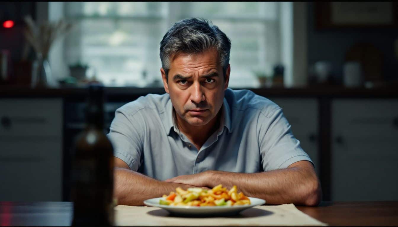 A middle-aged man sits alone at a dining table, looking worried. A middle-aged man sits alone at a dining table, looking worried.