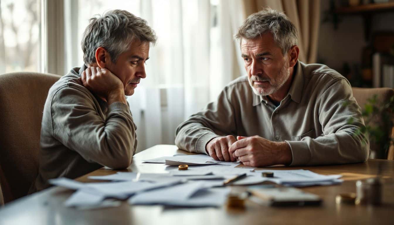 A man sits alone at a table, contemplating divorce and family. A man sits alone at a table, contemplating divorce and family.