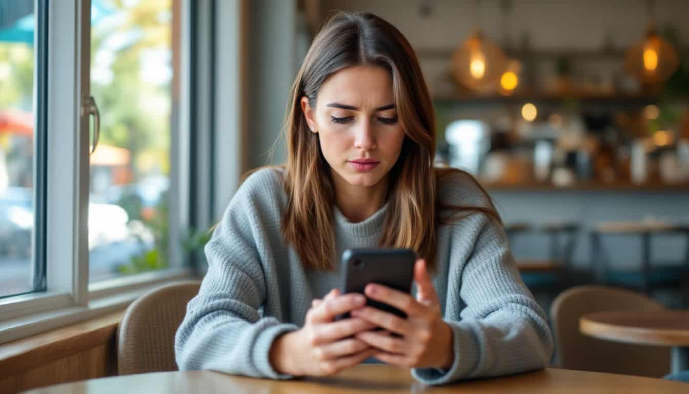 A woman in her 30s uses Instagram's Vanish Mode at a café.