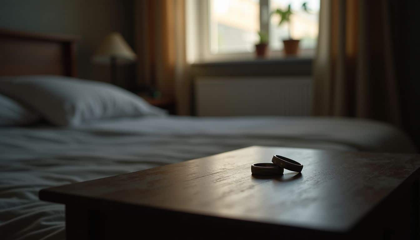 A discarded wedding ring on a nightstand conveys themes of loss and longing.