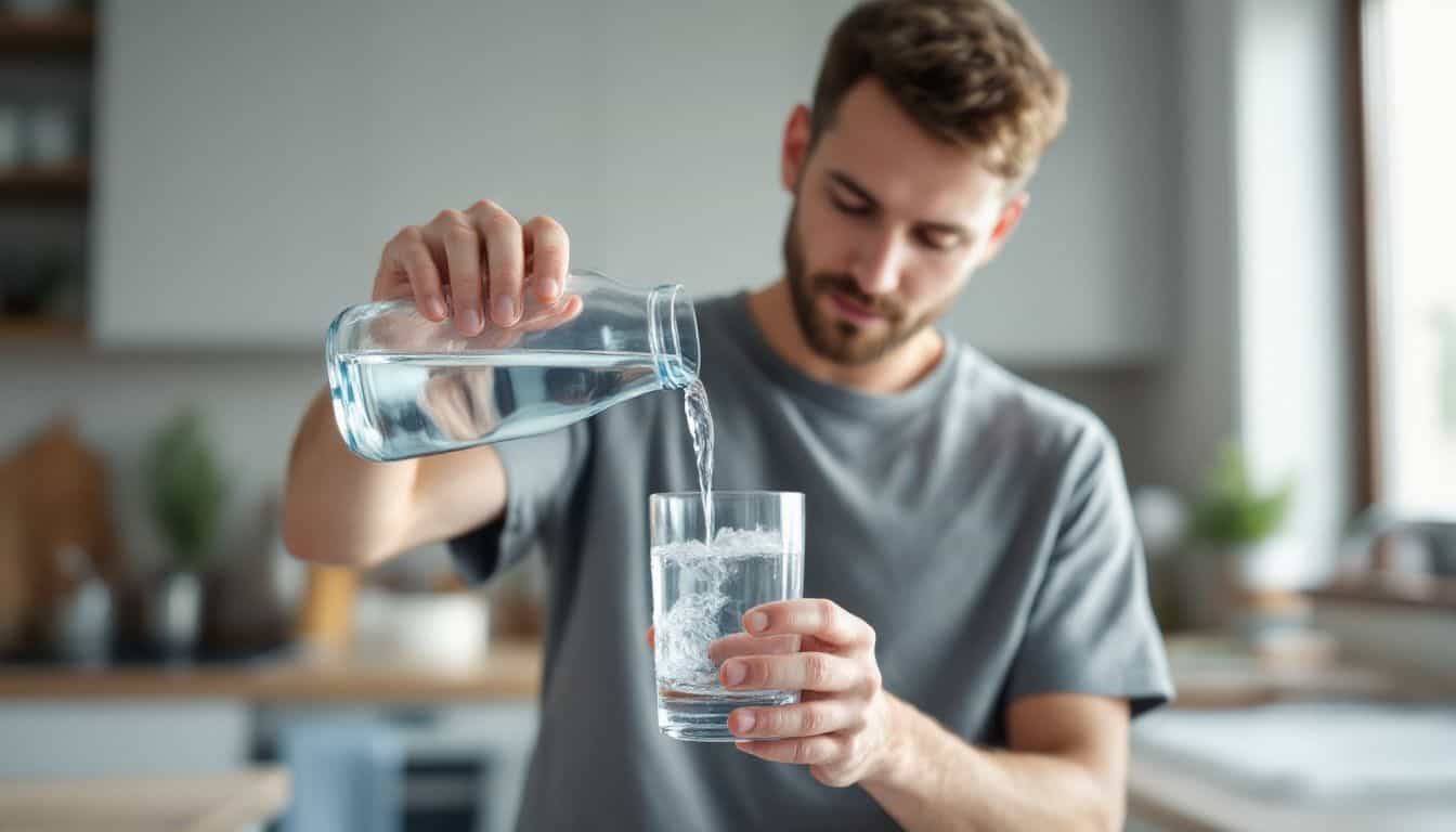 A person pours tap water in a bright kitchen, potential contaminants. A person pours tap water in a bright kitchen, potential contaminants.
