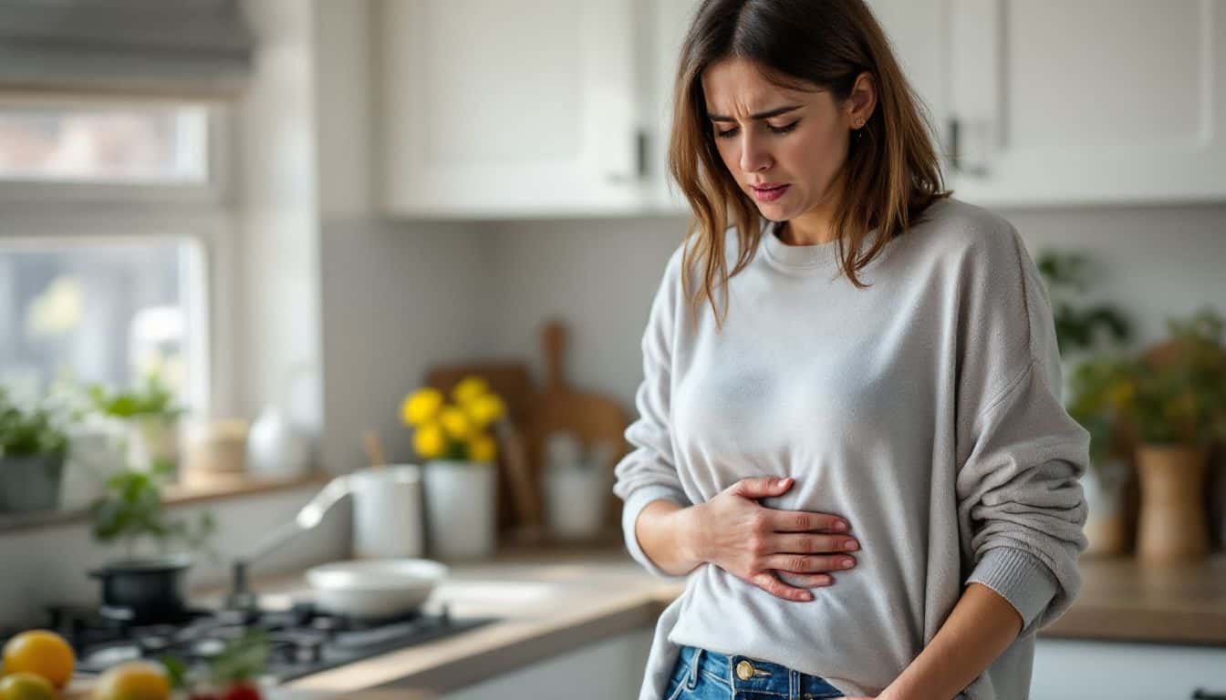 A woman in her 30s is clutching her stomach in discomfort. A woman in her 30s is clutching her stomach in discomfort.