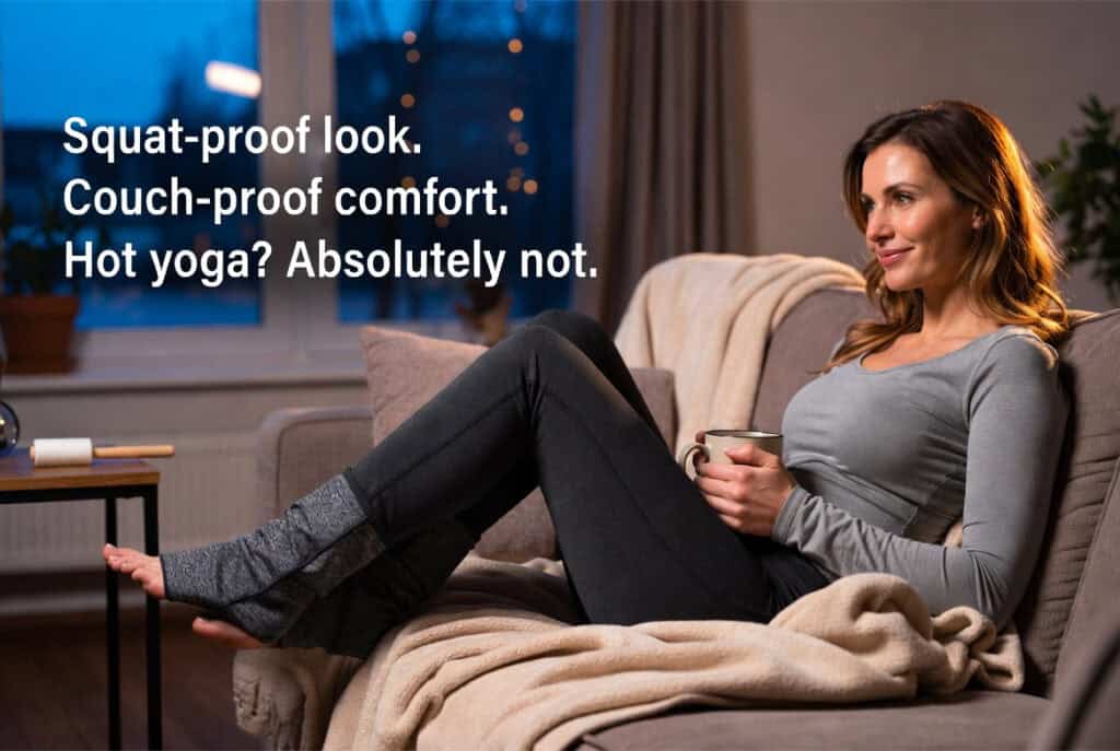 Srirachas Yoga Pants Review: 2026 Long-Term Update 5 Woman relaxing on sofa wearing squat-proof yoga pants, highlighting comfort and flexibility for home workouts and casual wear.
