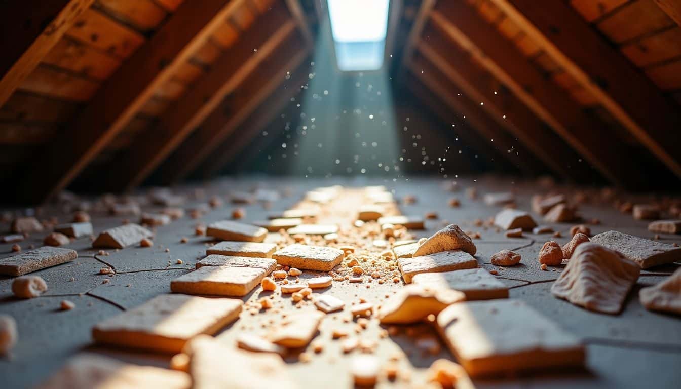 An old attic filled with worn insulation, cracked floor tiles, and deteriorating roof materials.