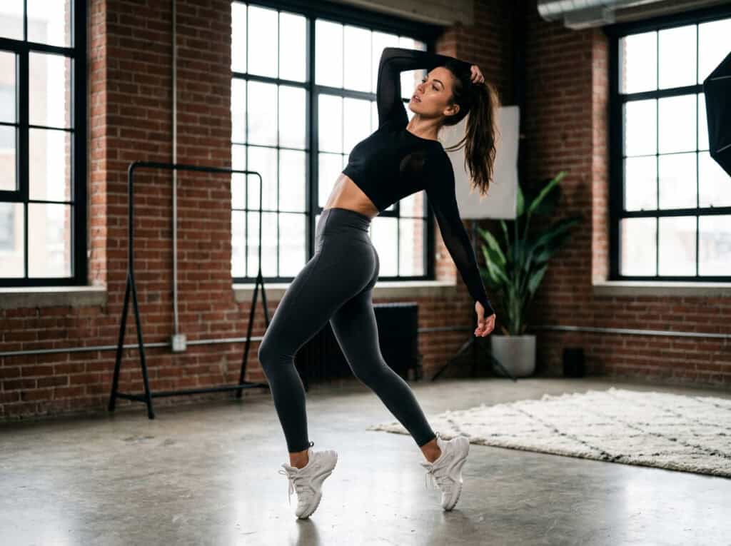 A woman taking a confident selfie in a modern, well-lit studio with large windows, wearing athletic wear. Perfect for tips on how to take hot selfies, focusing on angles, lighting, and posing techniqu.