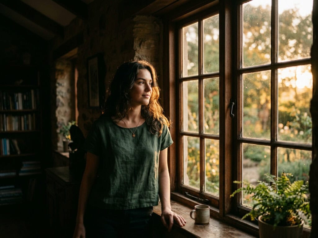 Woman taking a selfie by a window with natural sunlight, highlighting her face and pose, perfect for learning how to take hot selfies with ideal angles, lighting, and posing.