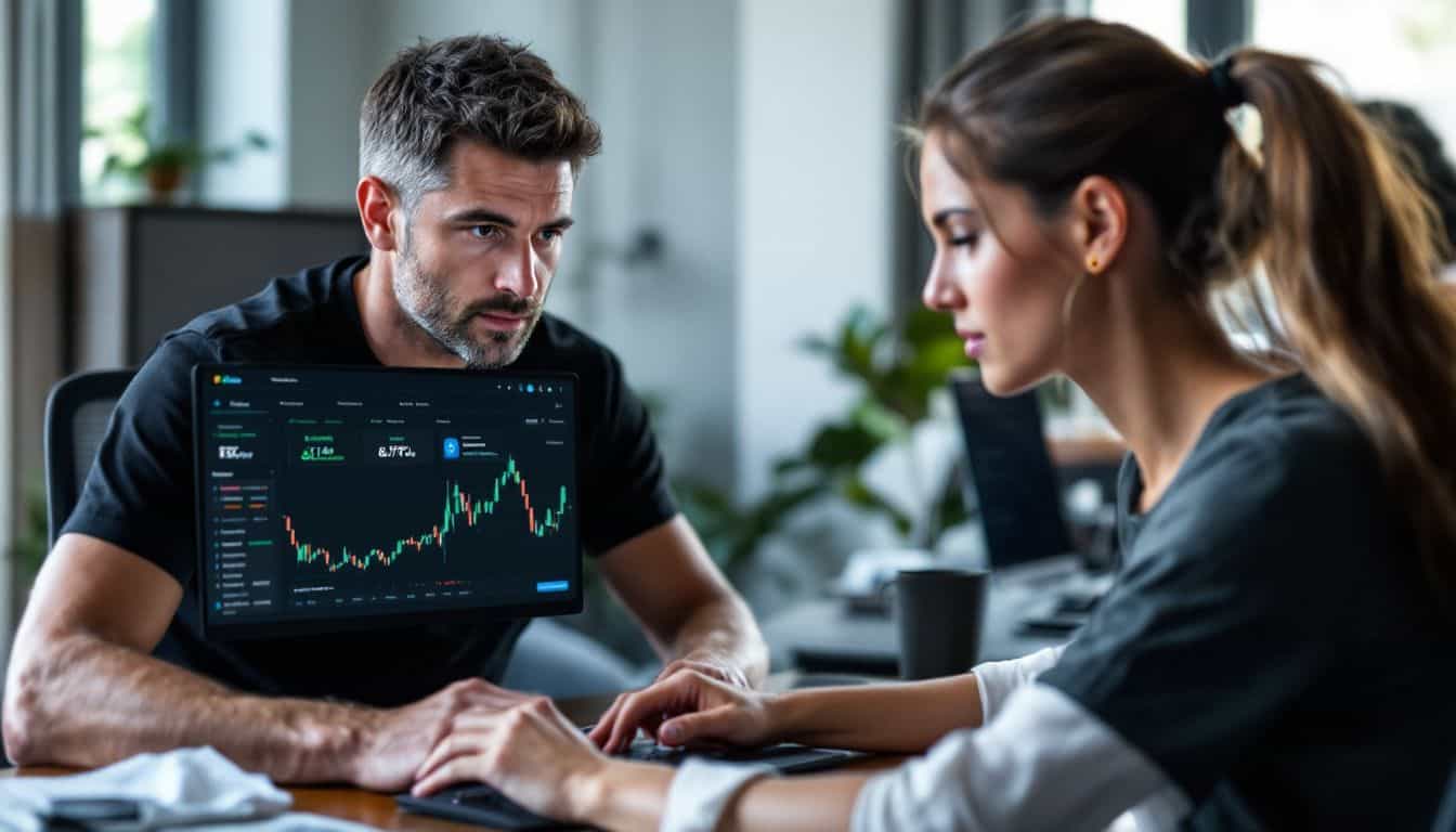A man analyzes advanced order types on KuCoin, while a woman actively trades on BYDFi.