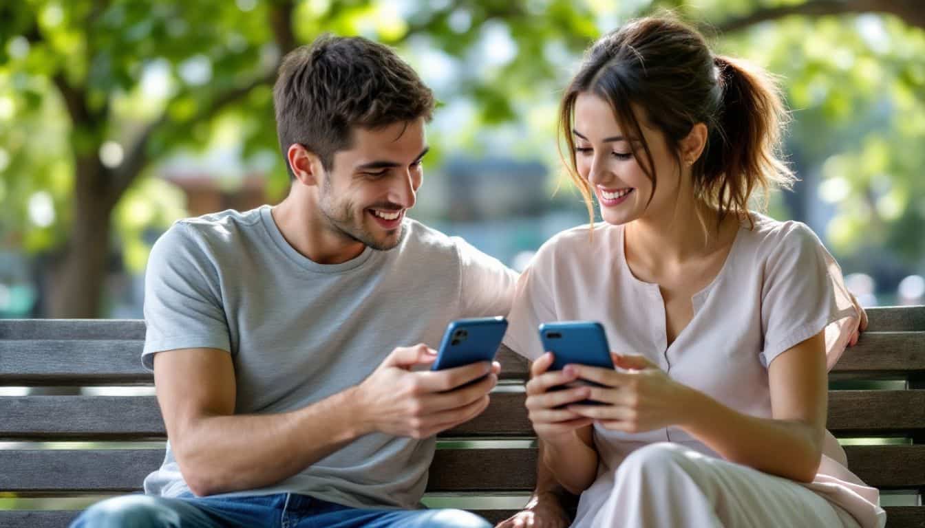 A young couple compares trading apps on a park bench.