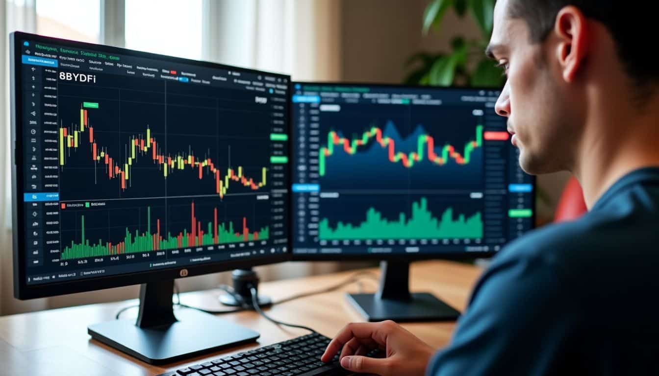 A busy desk with trading charts and cryptocurrency platforms on two screens.