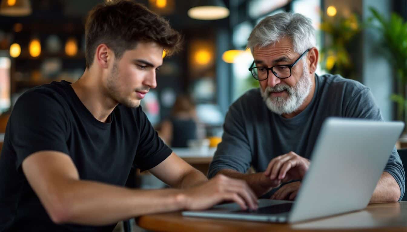 Two traders collaborating at a cafe, comparing KuCoin and BYDFi platforms.