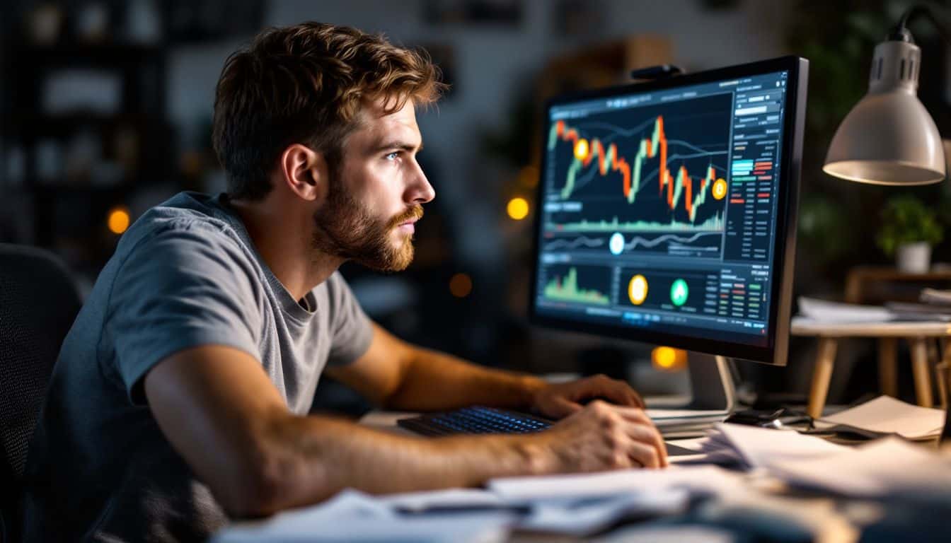 A man in his 30s is focused on cryptocurrency trading.
