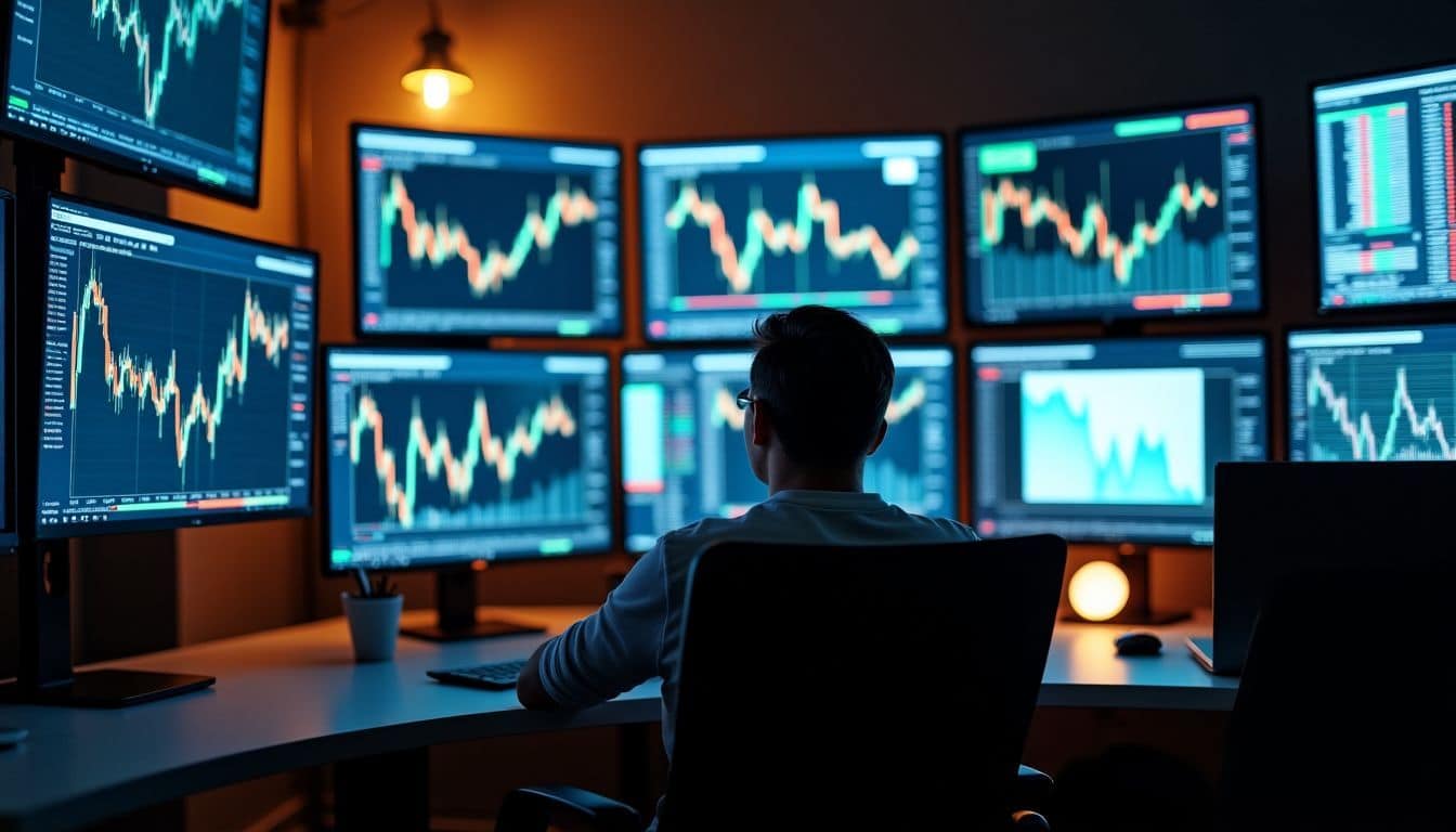 A room with multiple computer monitors displaying trading tools and charts.