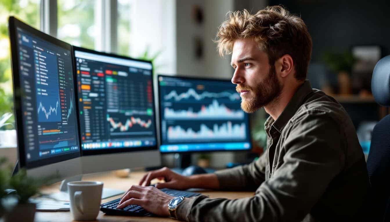 A man trades cryptocurrency from his home office with multiple screens.