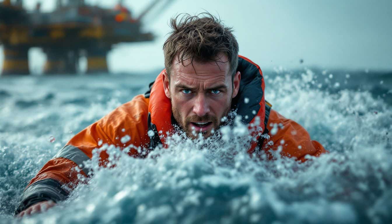 A maritime worker struggles to stay afloat in rough seas. A maritime worker struggles to stay afloat in rough seas.