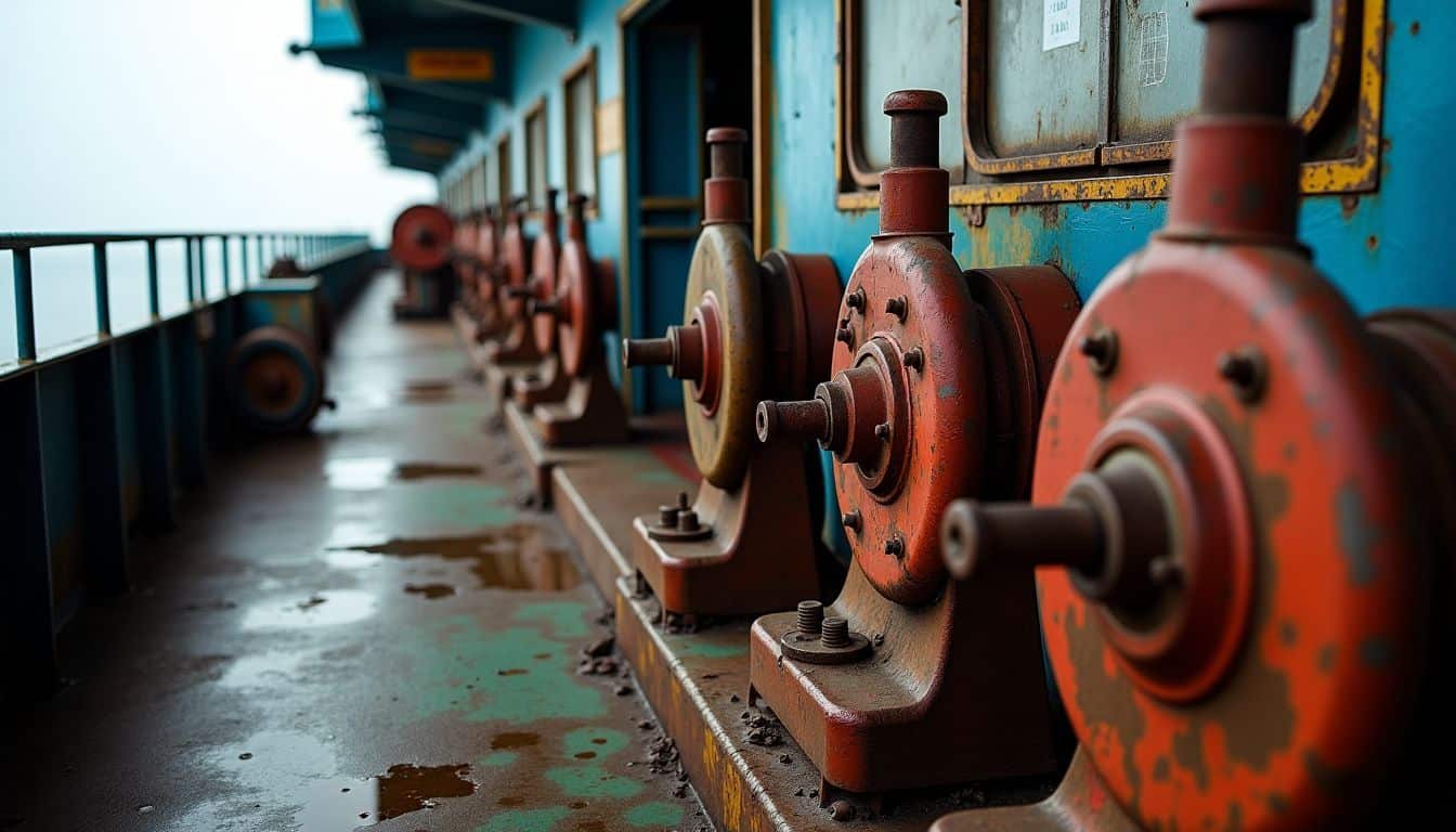 The cluttered deck of a neglected cargo ship emphasizes the importance of regular maintenance and crew training.