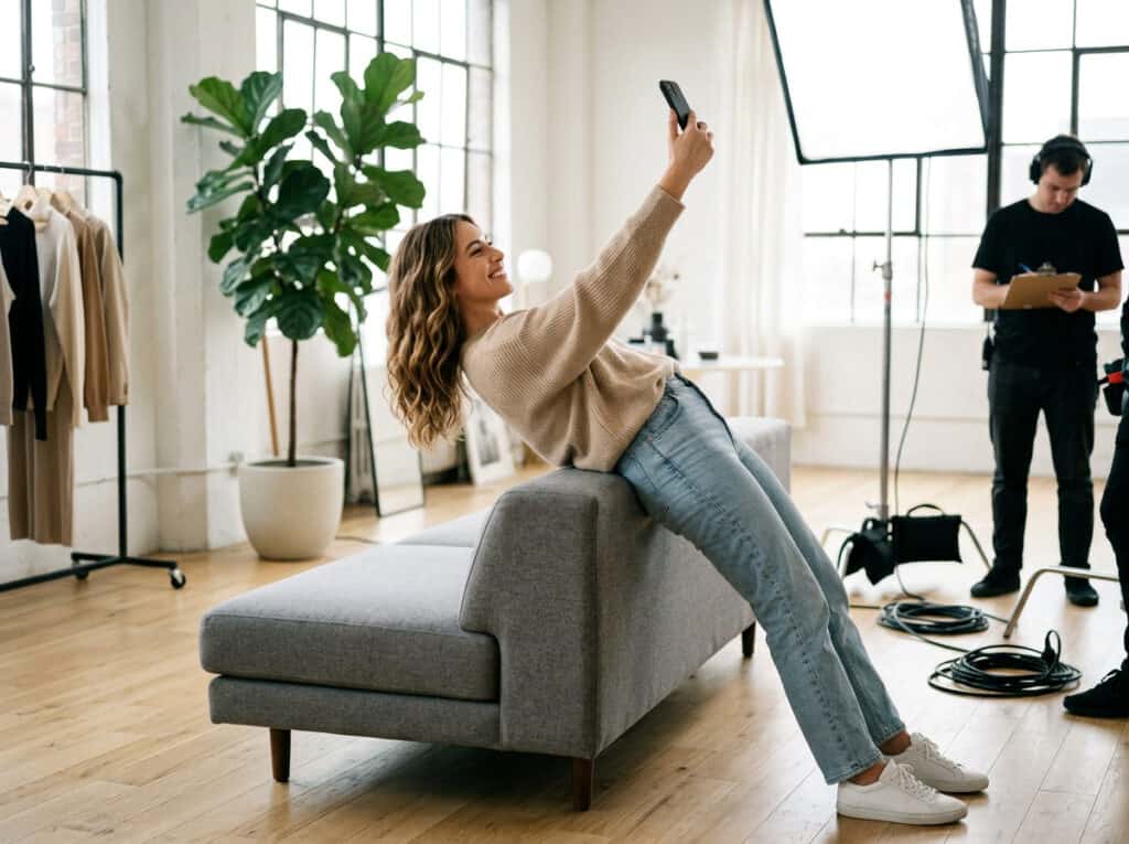 Woman taking a selfie on a sofa in a well-lit studio with a professional photographer in the background, emphasizing selfie angles, lighting, and posing tips.