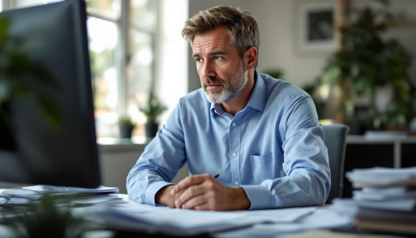 A man organizes documents for a Gold IRA at his cluttered desk. A man organizes documents for a Gold IRA at his cluttered desk.