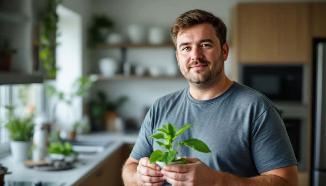 A man in a modern kitchen holding a stevia plant leaf.