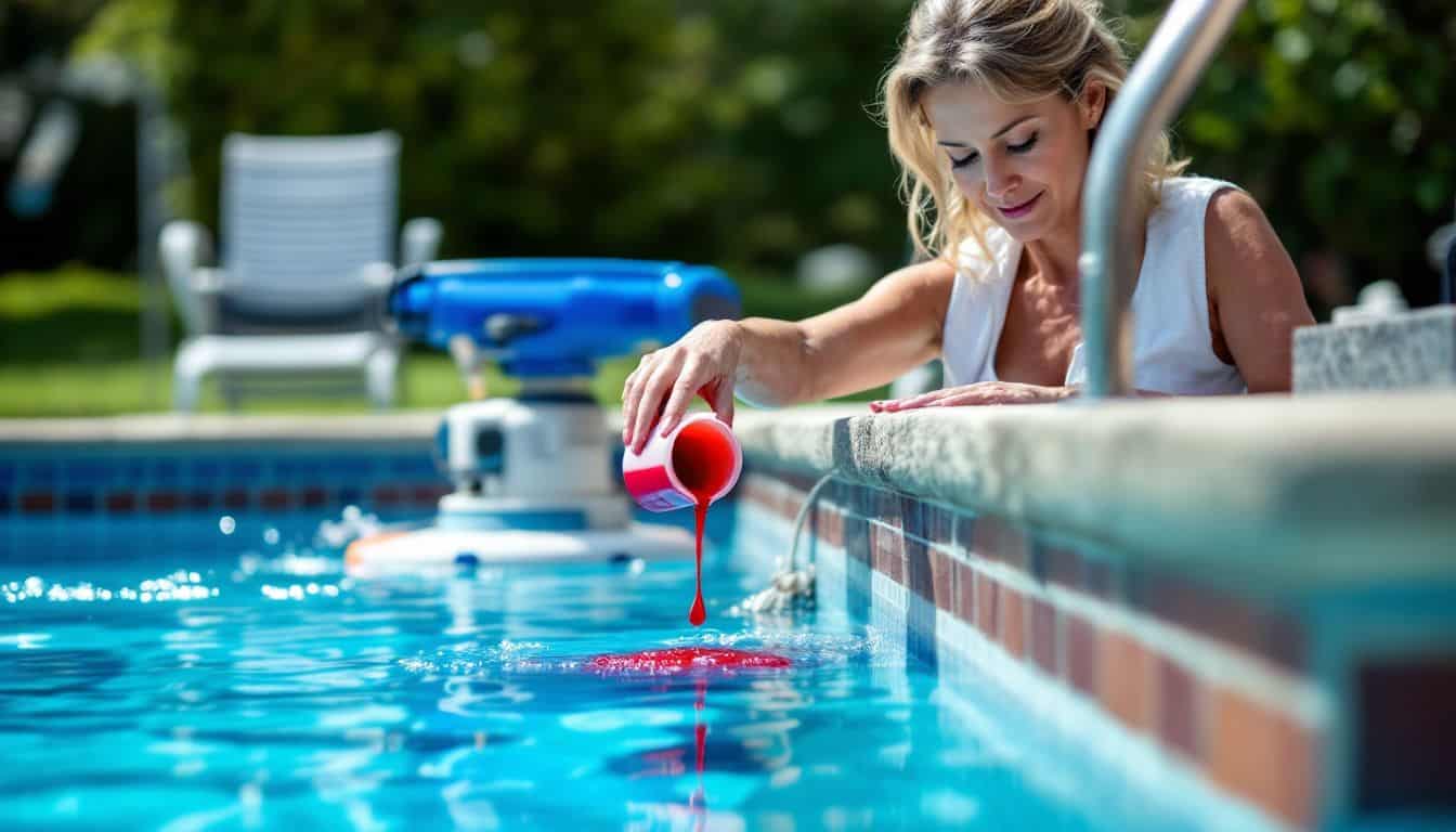 A woman adds red dye into a swimming pool for maintenance.