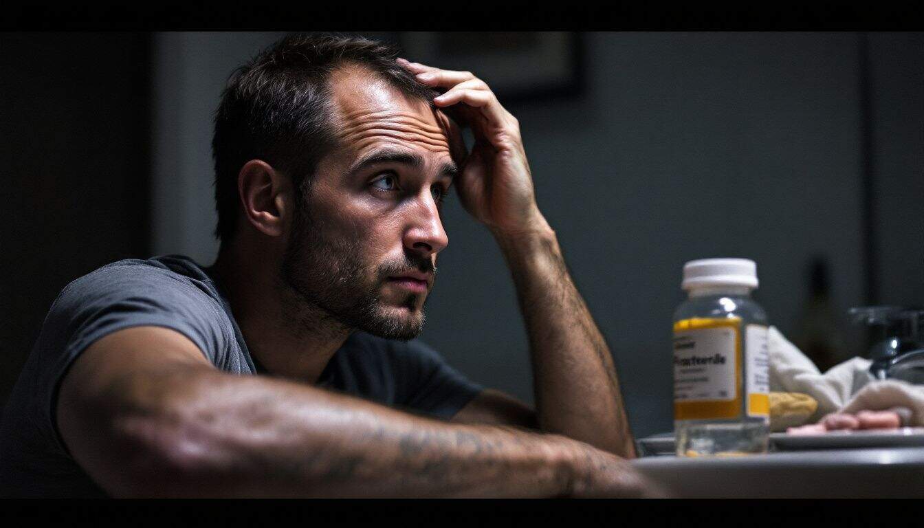 A man applying hair loss treatment in a dimly lit bathroom.