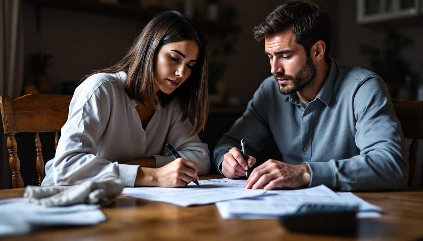 A couple in their 30s discussing and writing a loan agreement. A couple in their 30s discussing and writing a loan agreement.