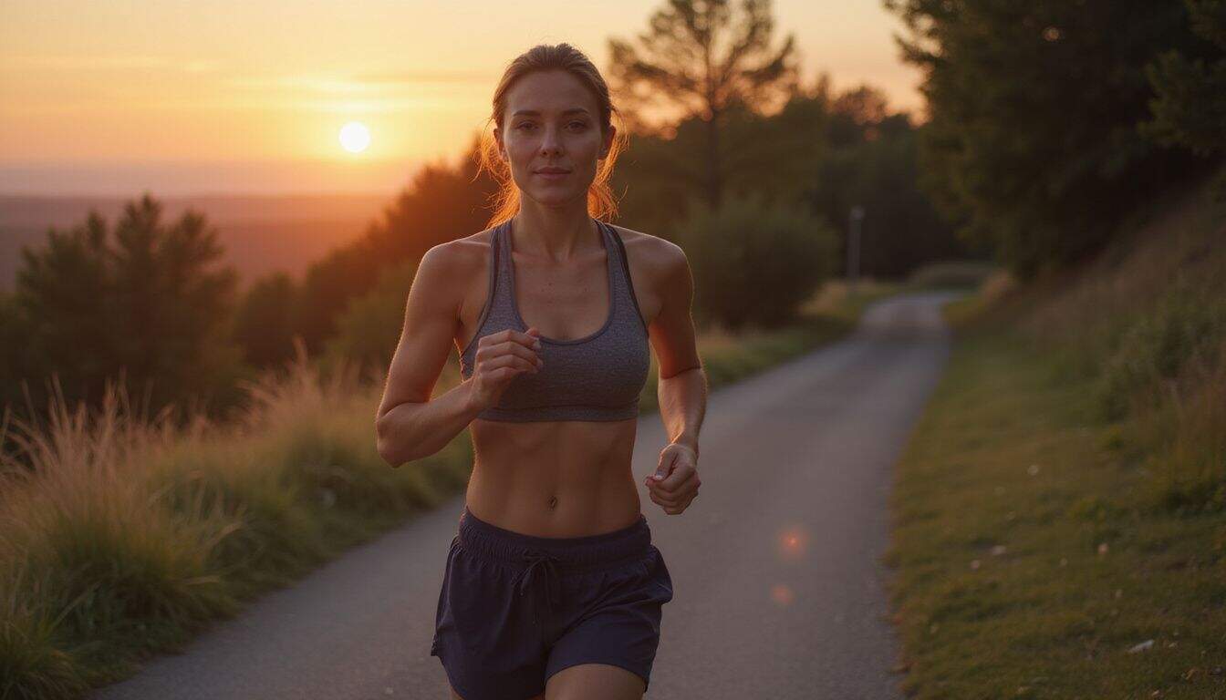A woman in her 30s is jogging along a scenic trail at sunset. A woman in her 30s is jogging along a scenic trail at sunset.