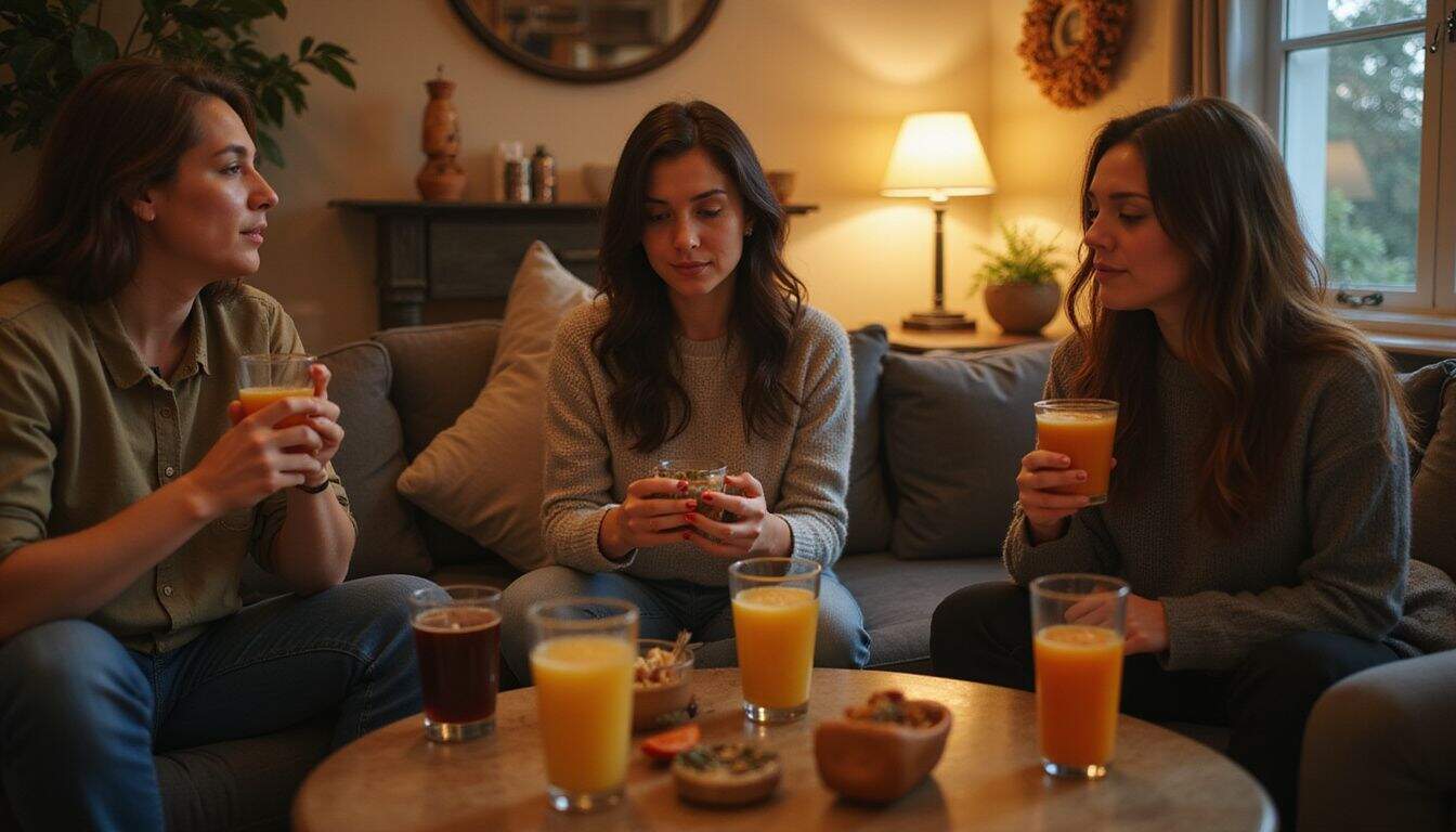 A woman enjoys a cozy evening with friends, sharing herbal and functional drinks in a relaxed living room setting. A woman enjoys a cozy evening with friends, sharing herbal and functional drinks in a relaxed living room setting.