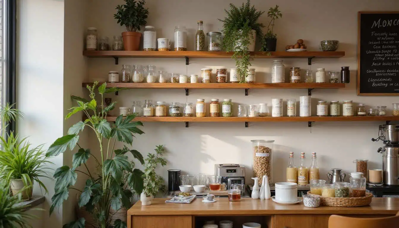 The image captures a cozy, herb-filled cafe with a relaxed, alcohol-free atmosphere. The image captures a cozy, herb-filled cafe with a relaxed, alcohol-free atmosphere.