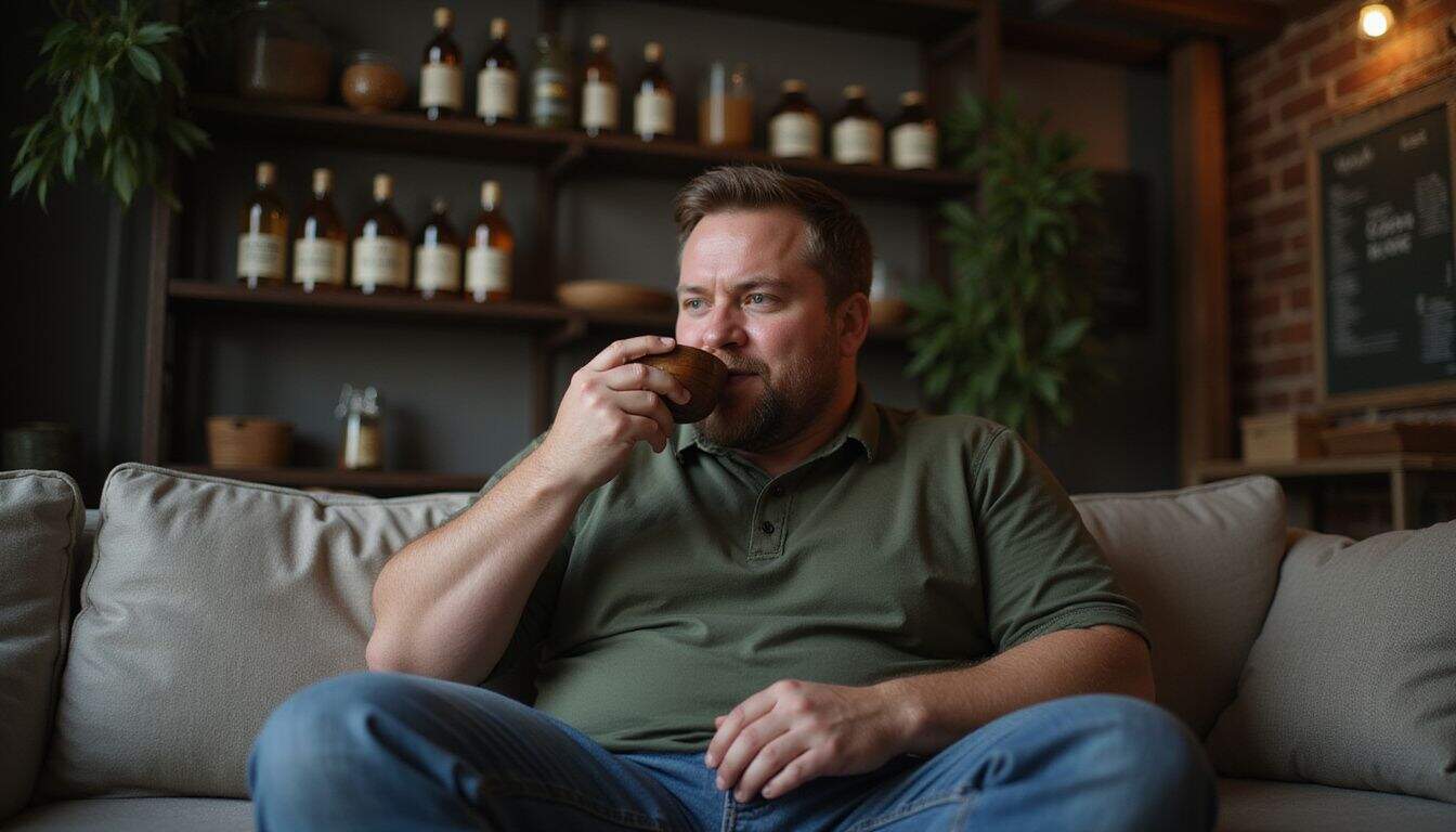 A man in his 30s is sitting on a sofa, sipping a kava-based drink in a living room. A man in his 30s is sitting on a sofa, sipping a kava-based drink in a living room.
