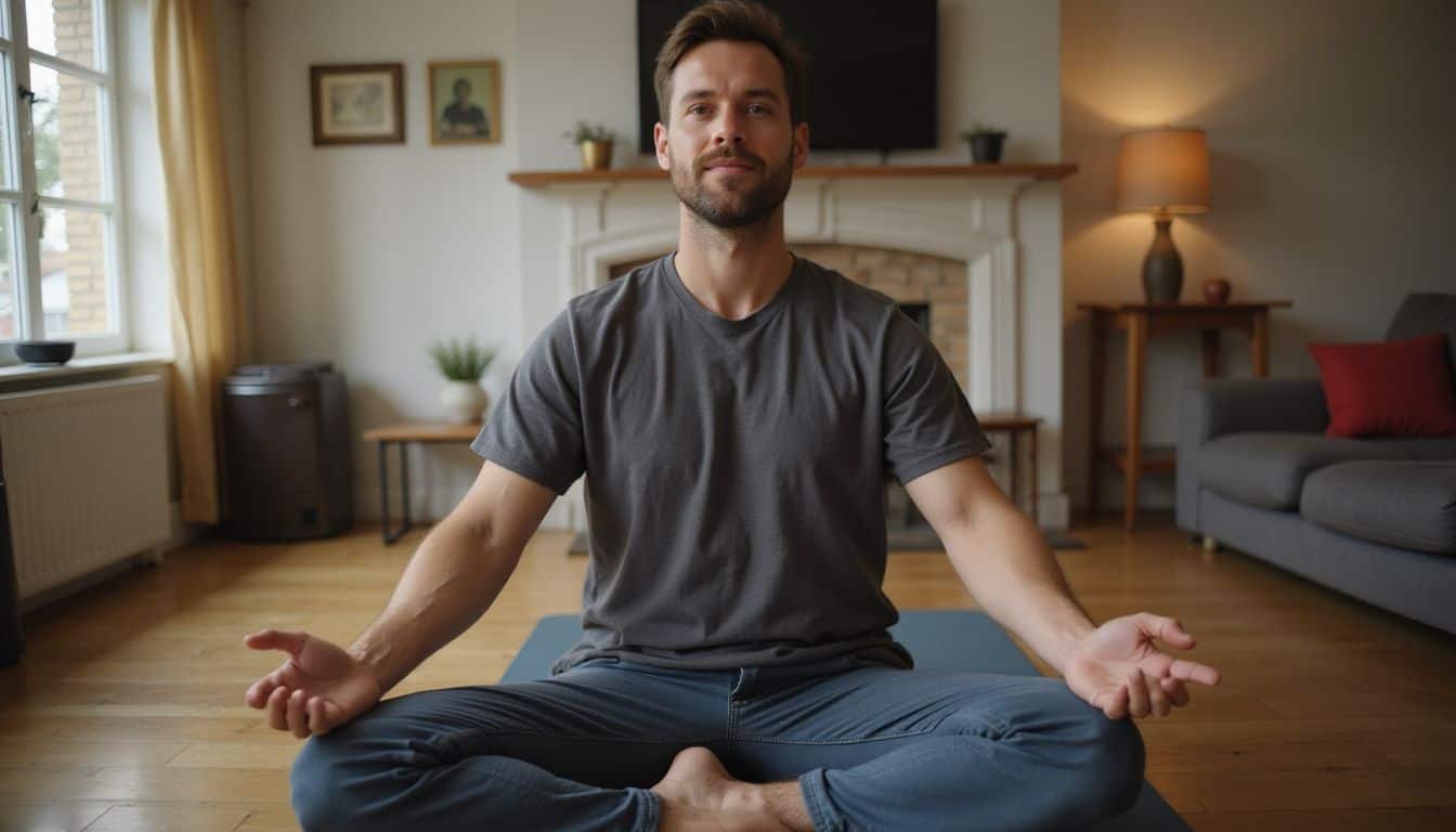 A man in his 30s practices progressive muscle relaxation on a yoga mat in a cozy living room. A man in his 30s practices progressive muscle relaxation on a yoga mat in a cozy living room.