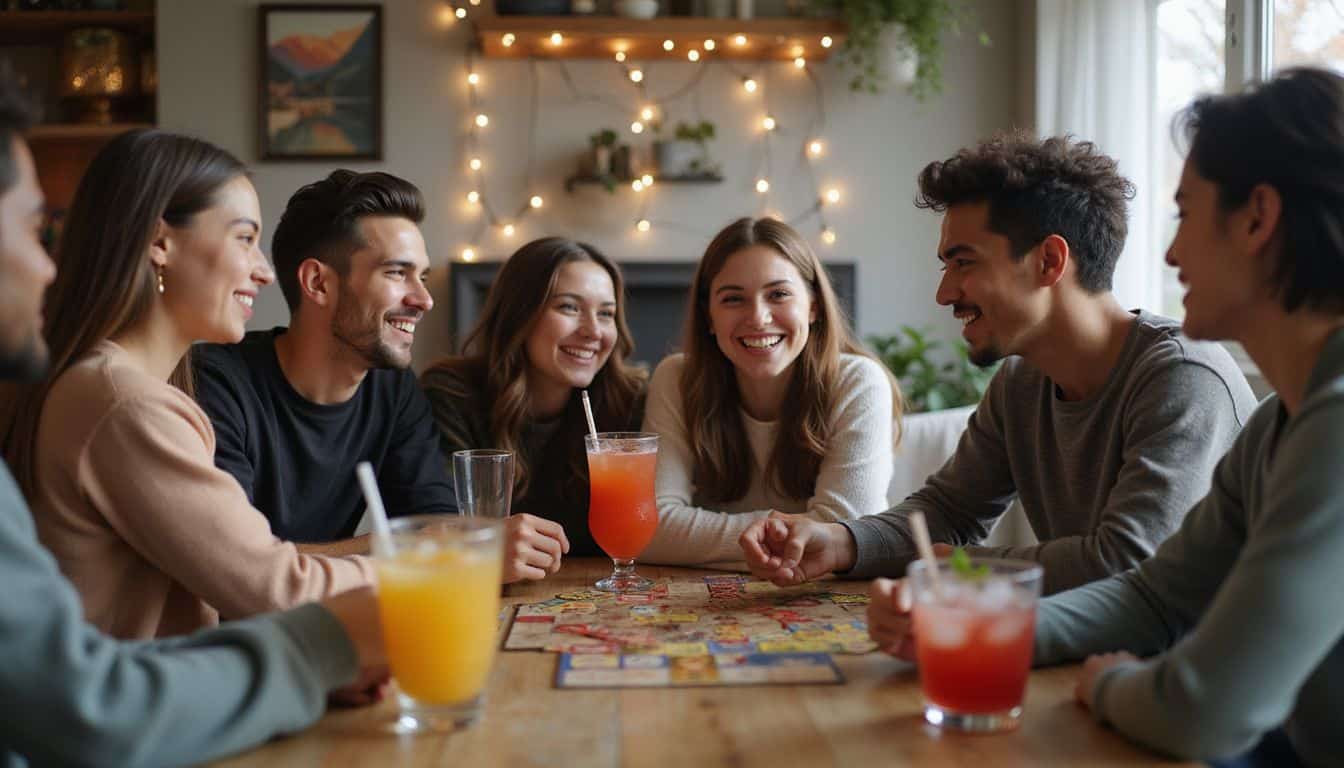 A diverse group of young adults gather in a cozy living room to enjoy a board game and mocktails. A diverse group of young adults gather in a cozy living room to enjoy a board game and mocktails.
