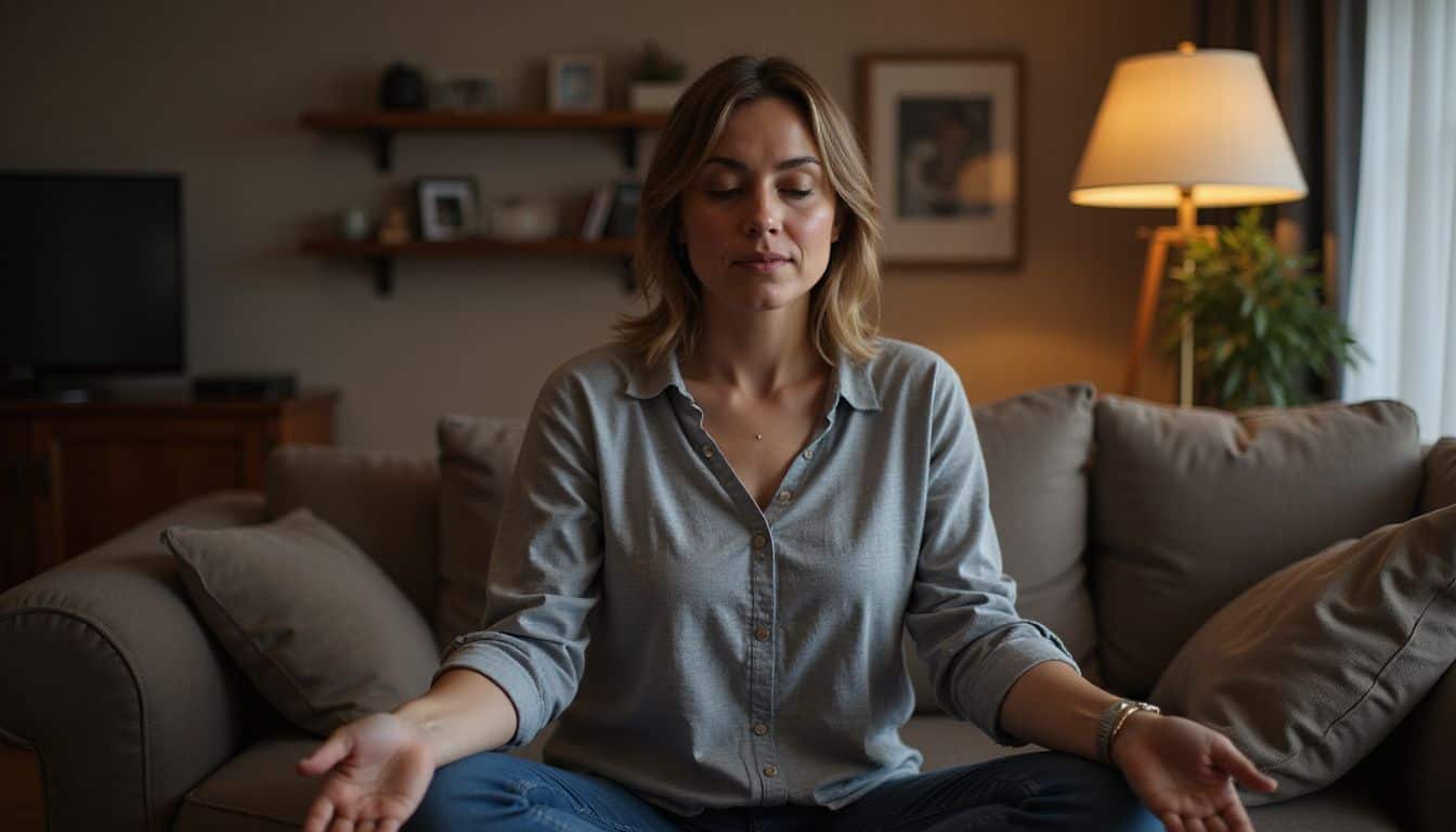 A woman in her 30s practices progressive muscle relaxation in a cozy living room for deep relaxation. A woman in her 30s practices progressive muscle relaxation in a cozy living room for deep relaxation.