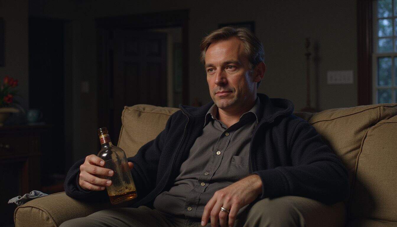 A man sits on a messy couch holding a half-full bottle of whiskey. A man sits on a messy couch holding a half-full bottle of whiskey.