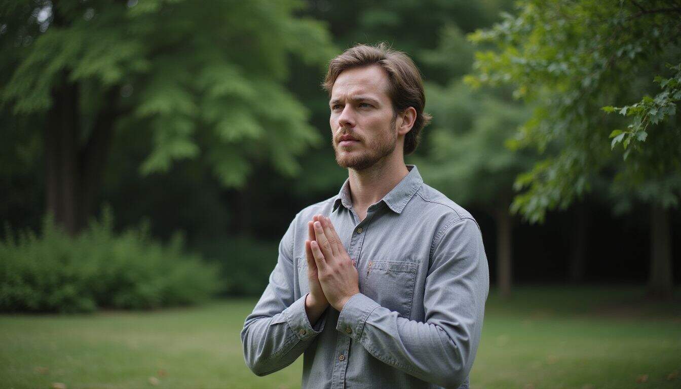 A man in his mid-30s practices deep breathing in a tranquil garden to relieve stress. A man in his mid-30s practices deep breathing in a tranquil garden to relieve stress.