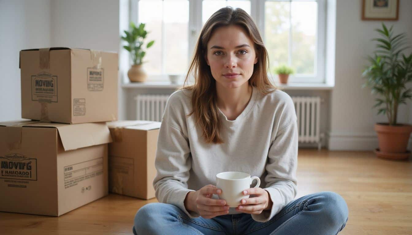 A woman carefully packs delicate china in a sunlit living room during a move. A woman carefully packs delicate china in a sunlit living room during a move.
